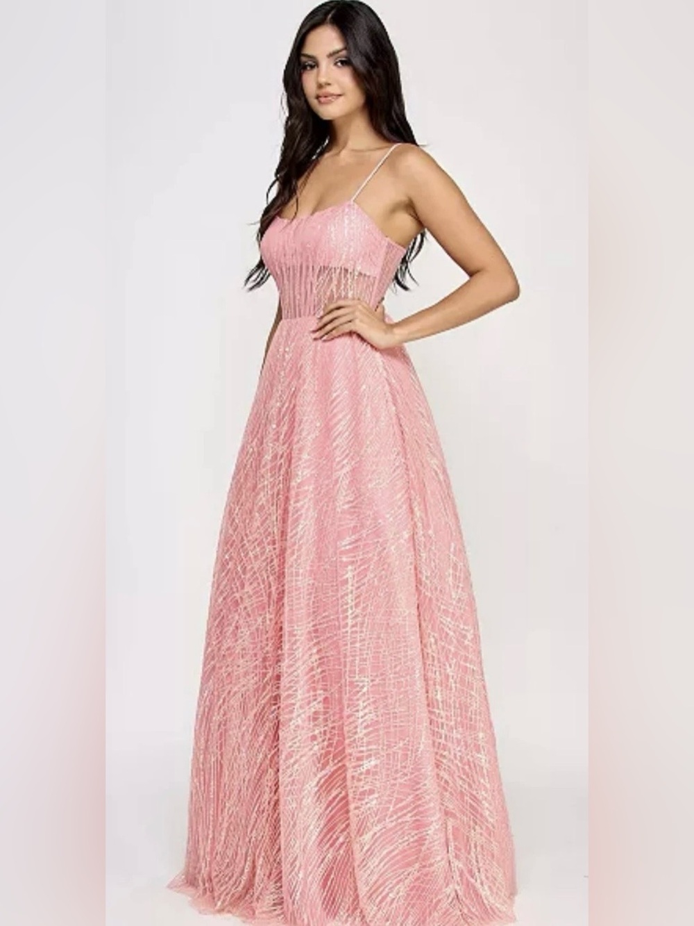 TLC Pink Beaded Fringe Prom Gown